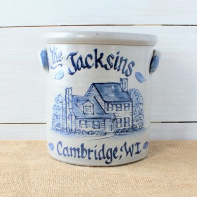 Handmade custom Rowe Pottery 1 gallon crock with hand painted house design