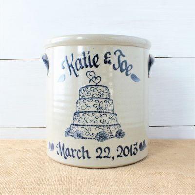 Handmade custom Rowe Pottery 2 gallon crock with hand painted wedding cake design