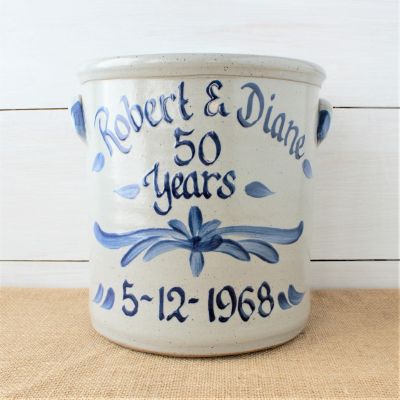 Handmade custom Rowe Pottery 2 gallon crock with hand painted anniversary design 