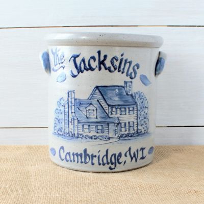 Handmade custom Rowe Pottery 1 gallon crock with hand painted house design