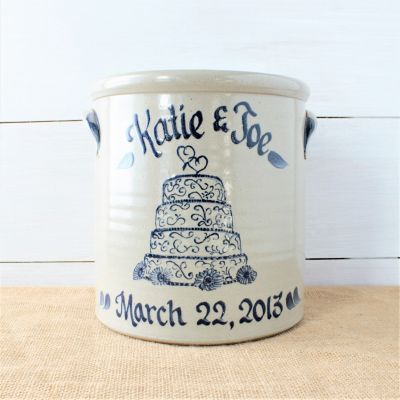 Handmade custom Rowe Pottery 2 gallon crock with hand painted wedding cake design