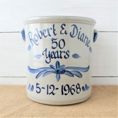Handmade custom Rowe Pottery 2 gallon crock with hand painted anniversary design 