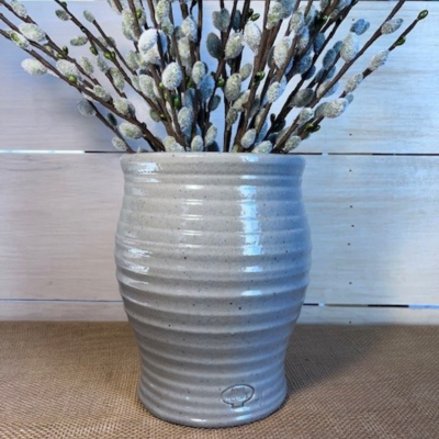 Hand made Farmhouse Rowe pottery utensil jar denim color
                            