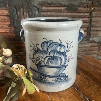 1 Gallon Crock- Pumpkin Wheelbarrow