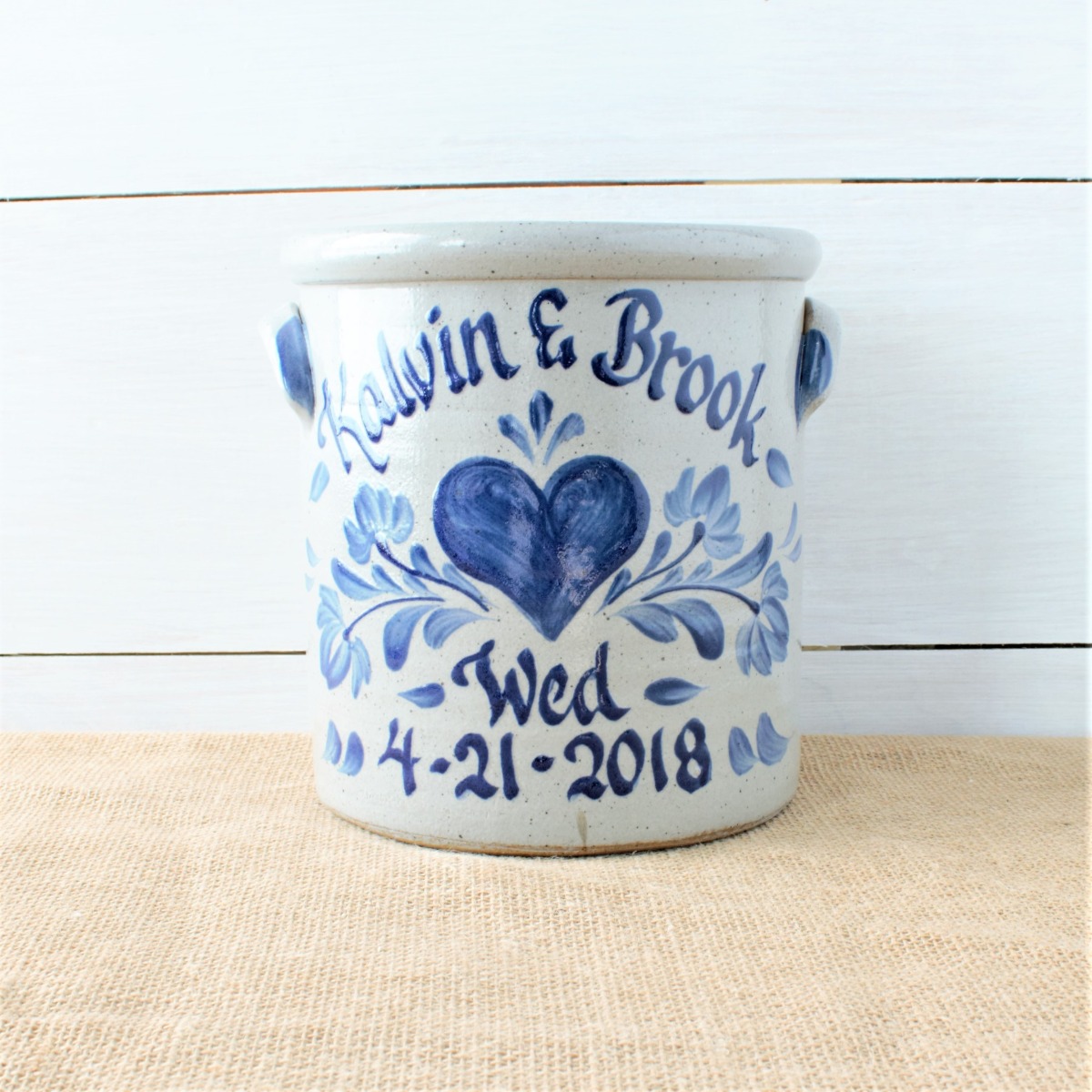 Custom hand made 1 gallon Rowe Pottery crock with hand painted custom heart design