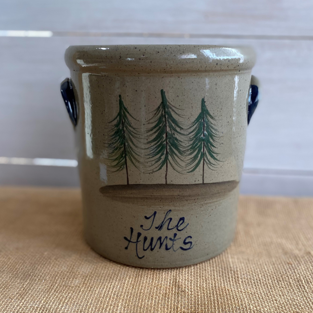 Custom hand made 1 gallon Rowe Pottery crock with hand painted custom pine design

