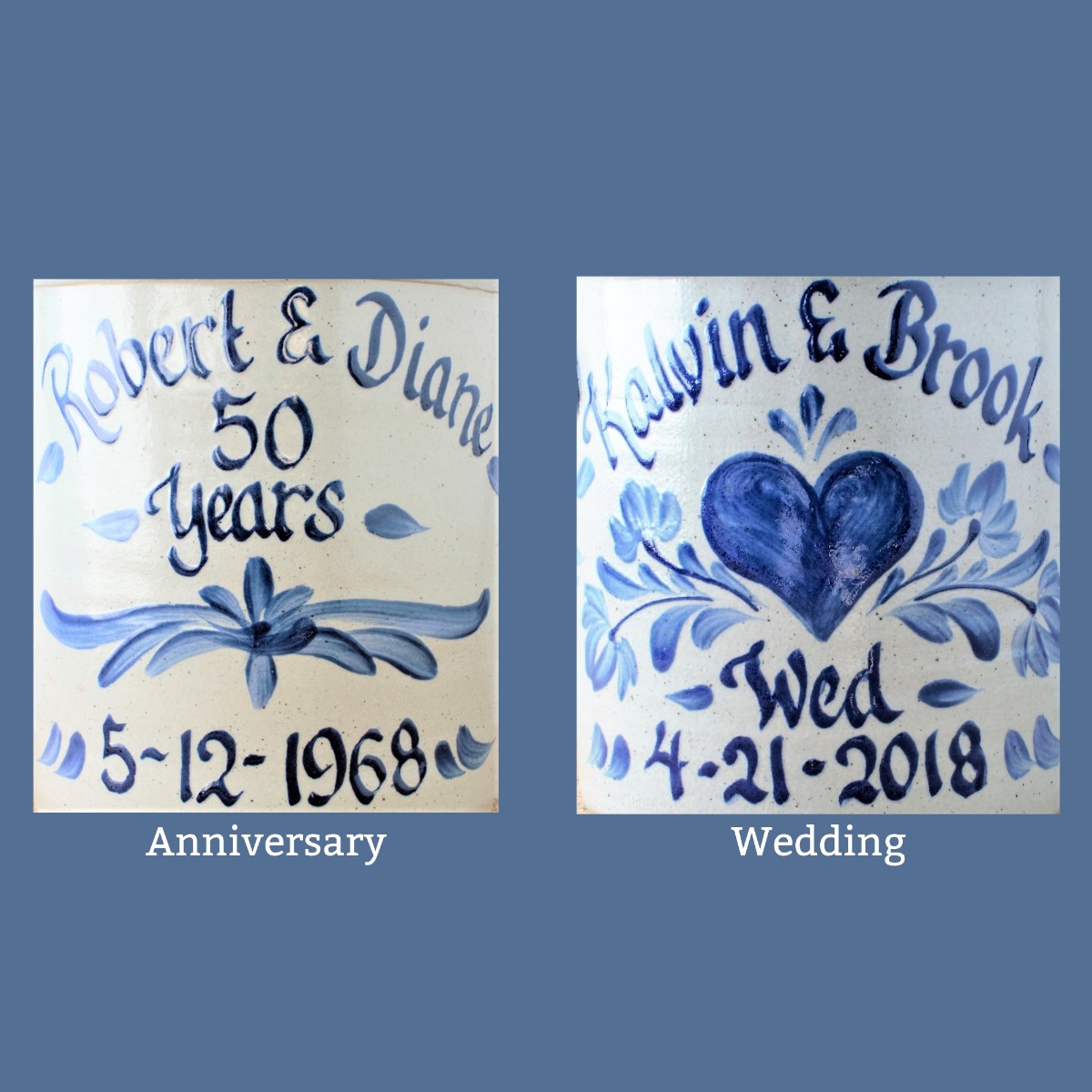 Showing the anniversary hand painted design next to wedding hand painted design